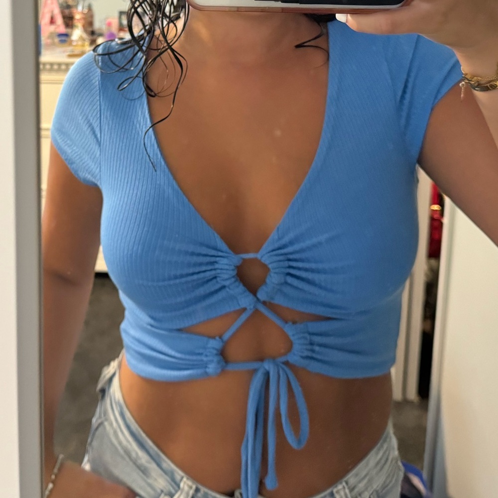 Cotton On Sky Blue Ruched Tie-Front Blouse